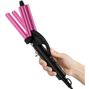 FARERY Mini Hair Crimper, 3 Barrel Curling Iron 1/2 Inch with Keratin & Argan Oil Infused, Travel Curling Iron with Dual Voltage, Pouch Bag, Hair Waver Beach Waves for Women