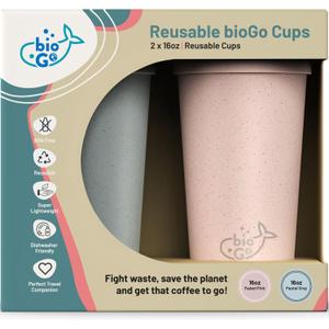bioGo Reusable Coffee Cups - Faded Pink & Pastel Gray - 16oz x 2 - Microwave & Dishwasher Safe - Perfect for Couples - To Go Cups Dishwasher Safe - Microwavable Cups with Lids