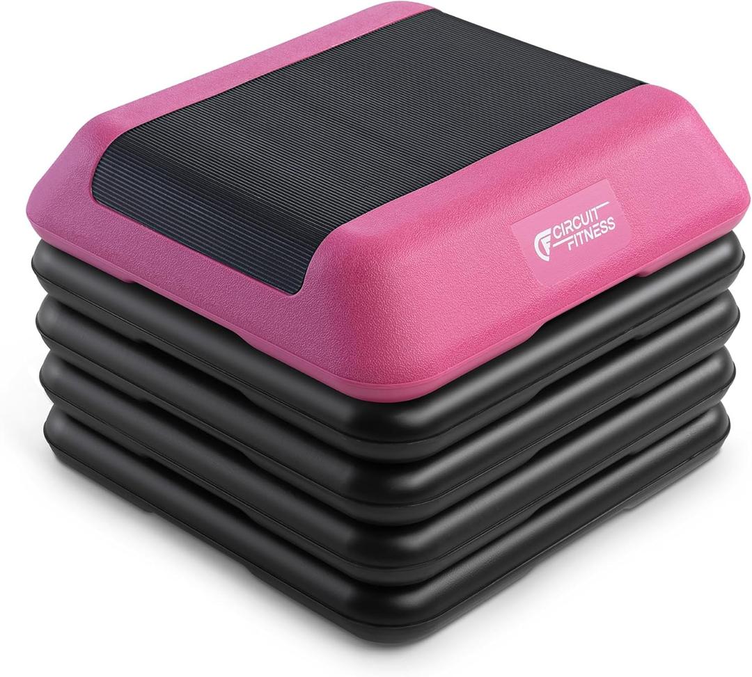Circuit Fitness by Marcy 16 x 16 inches Adjustable Height Aerobic Step Platform with Adjustable Risers, Non-Slip Rubber Surface, Home Exercise Fitness Training, Multiple Color Options (American Pink - 4 Risers)