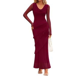 MEROKEETY Women's Fall Cowl Neck Mesh Maxi Dress Ruffle Wedding Guest Dress (Red, S)