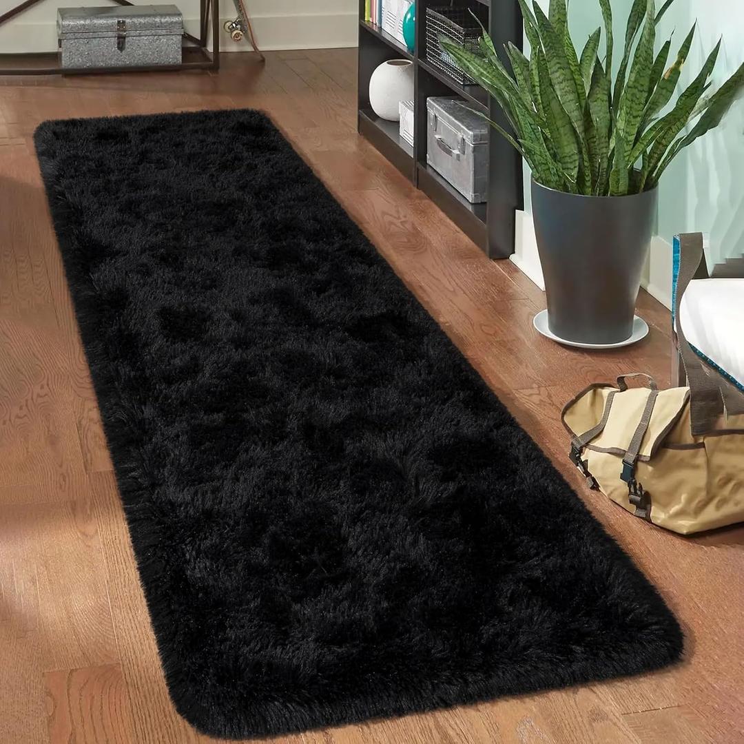 HOMORE Runner Rugs for Bedroom 2x8 Feet Black Rug for Bedroom Bedside Soft Fluffy Area Rugs for Living Room Indoor Entrance Door Mat, Long Runner Rugs and Carpets for Dorm Nursery