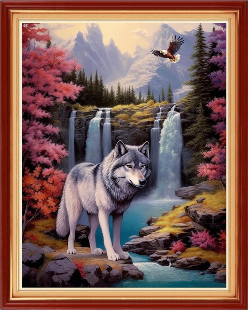 Dooxvey Cross Stitch Kits for Adults Stamped Full Range of Embroidery Starter Kits for Beginners 11CT Printed Cross Stitch Patterns Needlepoint Kits Stamped Crossstitching-Wolf Falls 16x20 inch (ColorKit32)