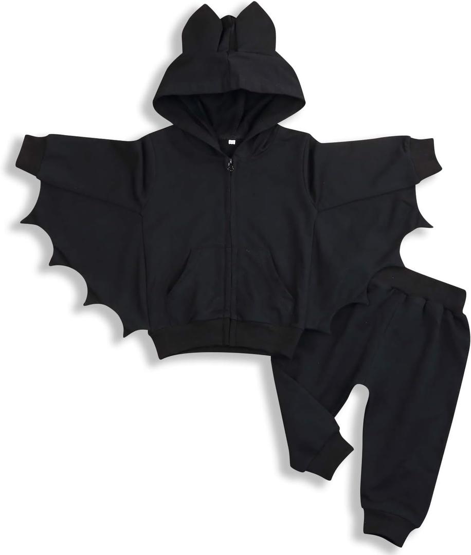YOUNGER TREE Toddler Baby Girls Boys Halloween Outfit Black Bat Hoodies with Pocket Zipper Coat Pant Set Winter Clothes (3-4T)