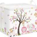 Clastyle Collapsible Large Pink Woodland Animal Baby Girl Bakset Jungle Animals Lion Giraffe Book Shelf Basket with Handle Rectangle Toy Clothes Cube Storage Basket for Kids Room