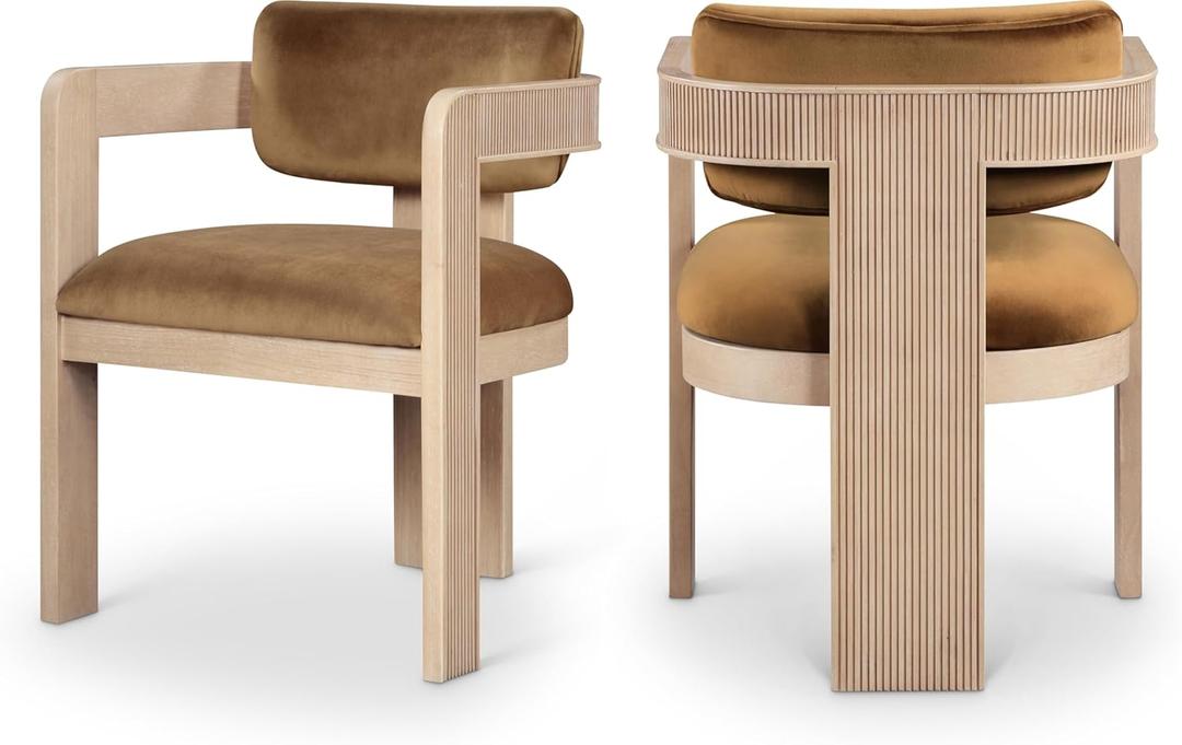Meridian Furniture 11094Saddle-C Sacha Collection Art Deco Dining Chair, Ultra Luxe Saddle Velvet, 460 GSM Velvet, Solid Fluted Wood Natural Finish, 22.5" W x 22" D x 31" H, Saddle, Set of 2
