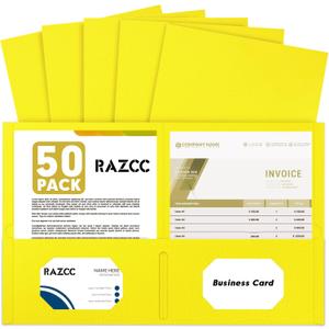Two Pocket Folders, RAZCC 50 Pack 2 Pocket Folders Fit Letter Size Paper, Paper Folders with Pockets for School Office Business Home (Yellow)