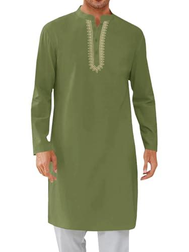 Yousify Mens Kaftan Thobe Casual Henley Shirts Button up Long Sleeve Robe Muslim Gown Shirt Army Green, Large