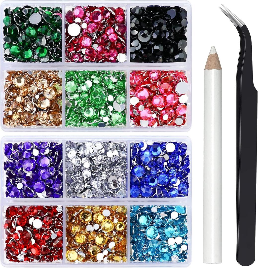 Briskbloom 10000PCS Colorful Rhinestones for Crafts Shoes Clothes, Mix Colors Flatback Rhinestone for Nails, Flat Back Diamond Tumbler Bedazzling Kit, Mixed 2/3/4/5/6mm Glue Fix Rhinestone Gems