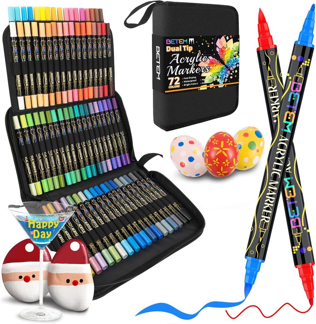 Betem Paint Markers Acrylic Paint Pens, Dual Tip 72 Colors Acrylic Markers with Brush Tip and Fine Point, Art Supplies for Wood, Canvas, Stone, Glass, Rock Painting Kit DIY Crafts Drawing Kit with Bag