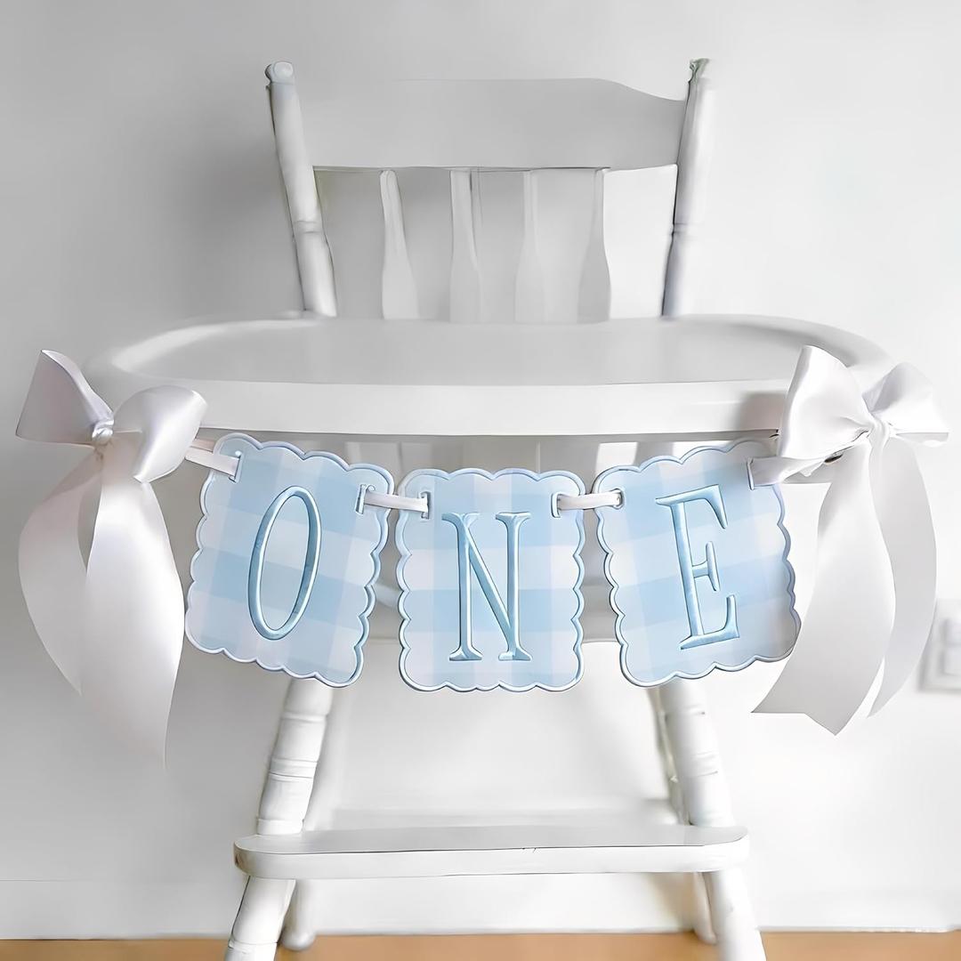 Bow 1st Birthday High Chair Banner Blue Gingham Embroidered ONE Garland with Bows for One Sweet Boy First Birthday Decorations (Blue)