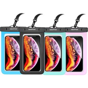 4 Pack 8.5 Waterproof Cell Phone Pouch - Underwater Dry Bag Case Lanyard -Water Proof Clear Holder Protector for iPhone 17 16 Pro Max Plus Air Samsung Galaxy S25 Ultra Note for Beach Swimming (Black+Blue+Green+Pink)