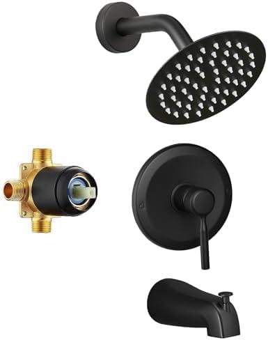 Tub Shower Faucet Set Valve Included with 8-Inch Rain Shower Head and Tub Spout Single-Handle Tub and Shower Trim Kit Matte Black