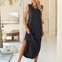 Ficerd 2 Pcs Women's Maxi Dresses Summer Sleeveless Beach Long Dress V Neck Casual Loose Split Sundress with Pockets (L)