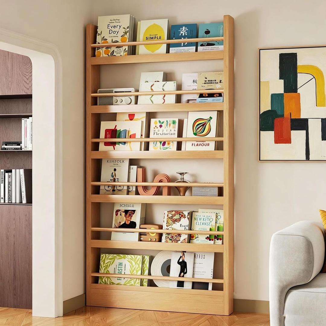 Behind The Door Bookshelf 6-Tier Wooden Behind The Door Storage Cabinet Wall Mount Shelf Easy to Install for Bedroom Kid Room Living Room Library (31.5in)