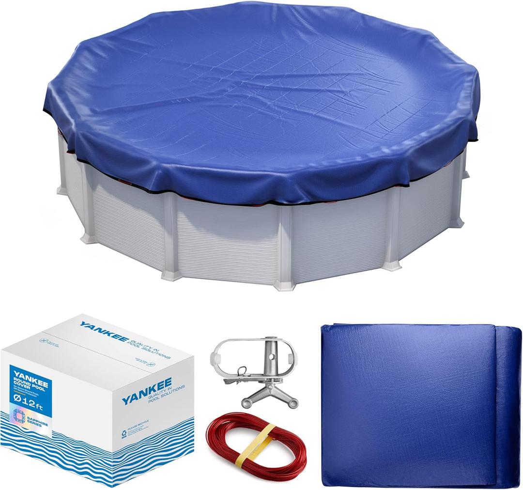 Winter Pool Cover 12 ft Round for Above Ground | Extra Thick & Durable Above-Ground Pool Cover | Sapphire Series of Premium Cold- and UV-Resistant Pool Cover | by Yankee Pool Pillow (Blue)