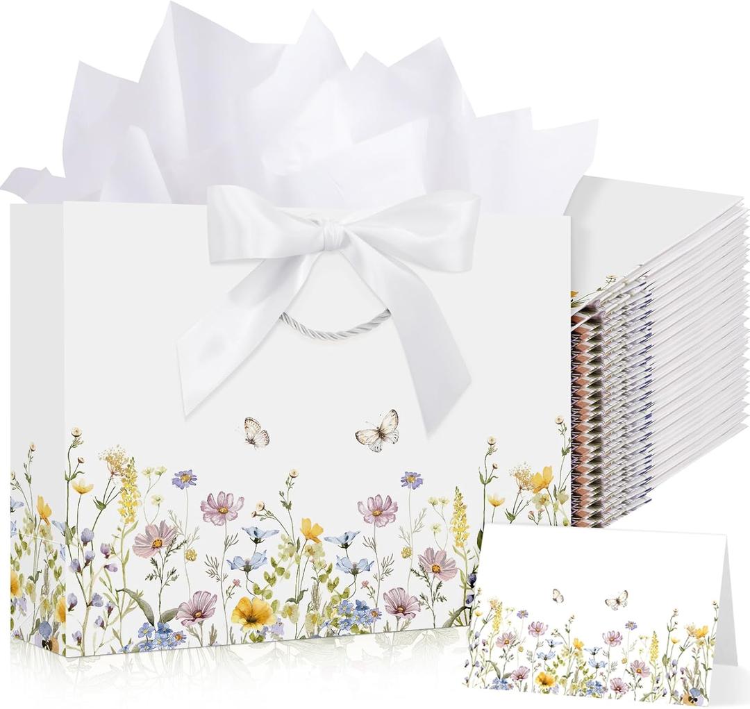 Maitys 12 Sets 13" Large Wildflower Gift Bag Spring Butterfly Floral Gift Bags with Tissue Papers, Ribbons and Greeting Cards for Mothers Day Wedding Bridal Shower Birthday Tea Party Supplies (Colorful)
