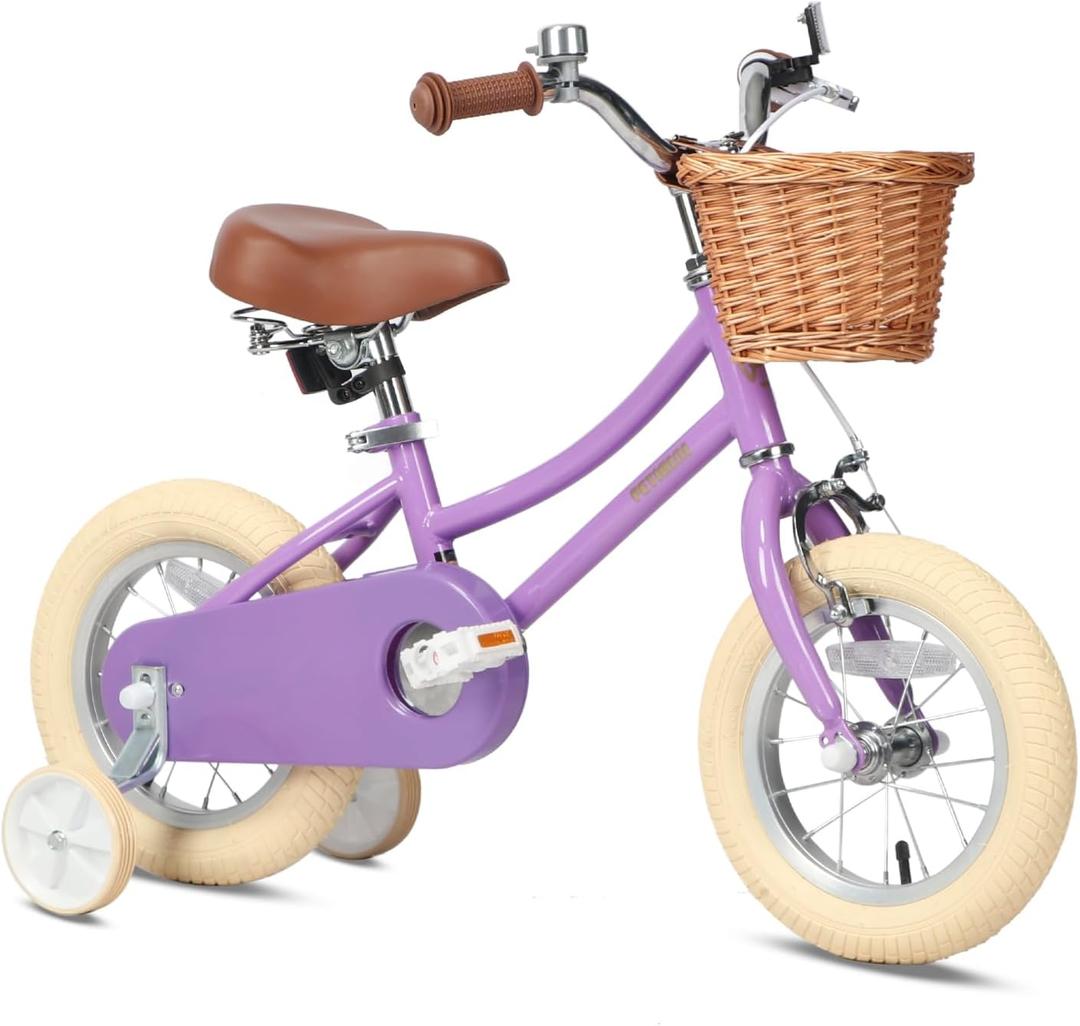 Petimini Vintage Kids Bike for Girls, 1220 Inch Classic Bicycle with Wicker Basket & Bell, High Tensile Steel Frame, Training Wheels (1218), 85% Pre-Assembled, Retro Bike for Outdoor Riding