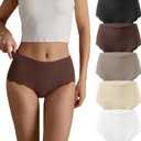 SHARICCA Seamless High Waisted Underwear for Women Cheeky Underwear Wave Edge No Show Bikini Panties Ribbed Panties Pack (Large, Black/Dark Brown/Deep Brown/Light Beige/White)