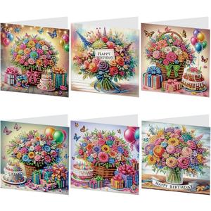 Tontut 6 Pieces Diamond Art Painted Greeting Cards, Flower Basket Gift Butterfly 5D DIY Special Shape Diamond Card Creative Gifts, Christmas Thanksgiving Greeting Card Congratulation (Rose Bouquet)
