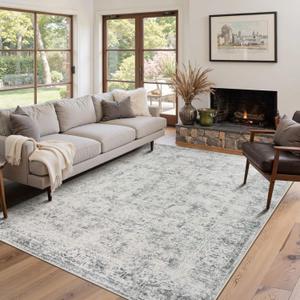 Rugxara Area Rugs for Living Room Bedroom, Washable Rug, Grey Vintage Abstract Boho Rug, Non Slip & Low Pile Wool Carpet for Indoor Dining Room, Farmhouse, Kids Room and Office(Grey 4x6ft)