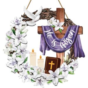 4 x He is Risen Easter Decorations Wooden Wreaths for Front Door Christian Cross Ornaments Easter Porch Sign Decor Wreath Jesus Lily Flowers Ornaments Hanging Crafts for Home Farmhouse Spring Party Decor