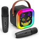 Mini Karaoke Machine with 2 Wireless Microphone for Kids Girls & Boys - Portable Bluetooth Speaker Kids Gifts for Girls Ages 4-12 Year Old Black Monster Style