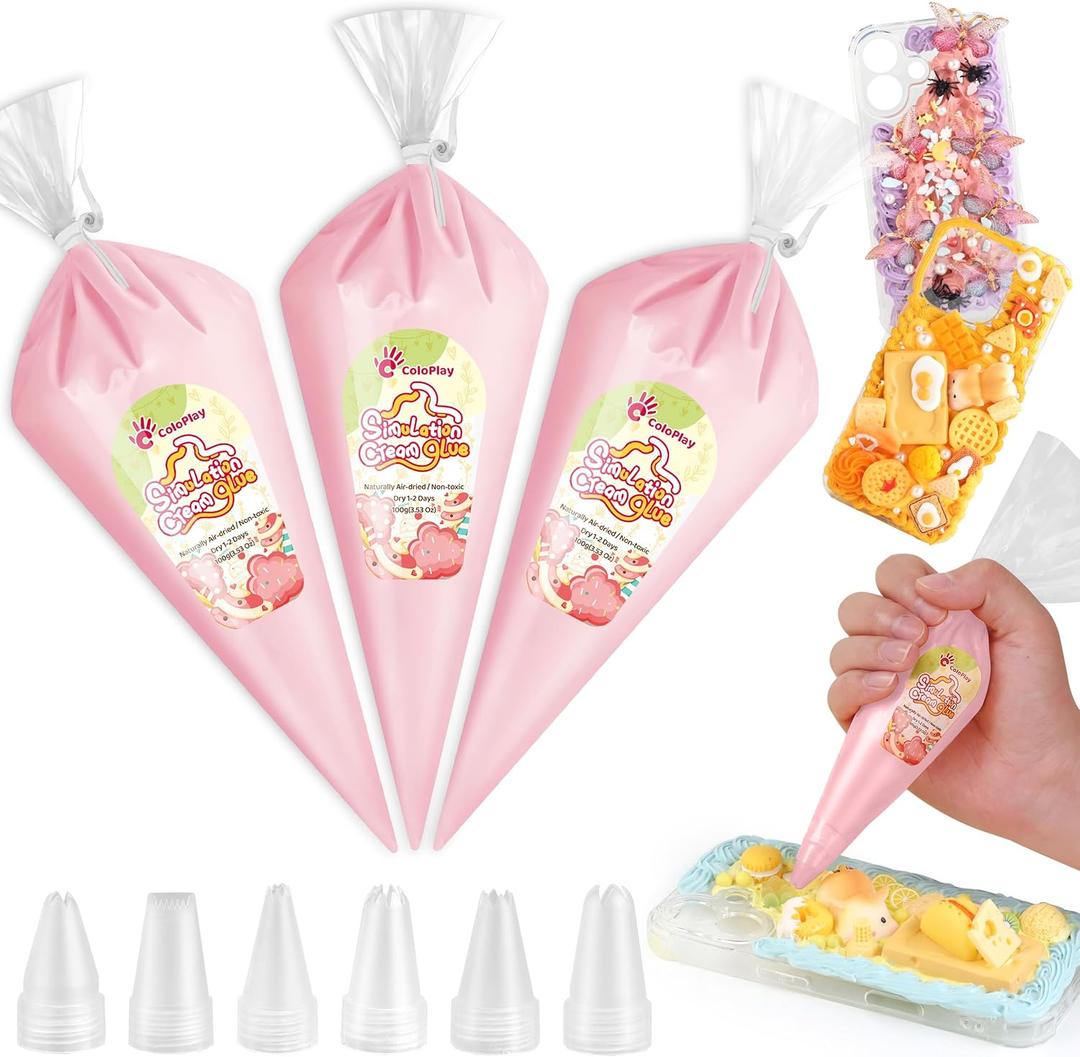Cream Glue, 3PCS Coral Pink Whipped Cream Glue Kit (Each 100g) with 6PCS Piping Tip, DIY Phone Case Kit for Decoration Craft Gift Fun for Birthday, Christmas