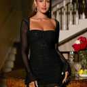 URYIAO Women's Sheer Long Sleeve Bodycon Mini Dress Sexy Corset Ruched Mesh Party Going Out Dresses Solid Black, Medium