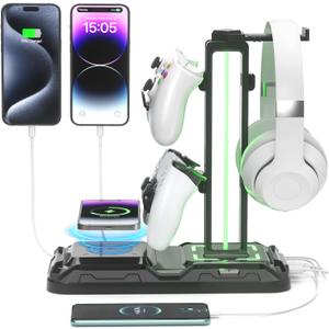 KDD Headphone & Controller Stand with Wireless Charging - Rotatable Headset Stand with 9 Light Modes - Controller Holder with 2 USB and Type C Ports - for Gamers Desktop Accessories