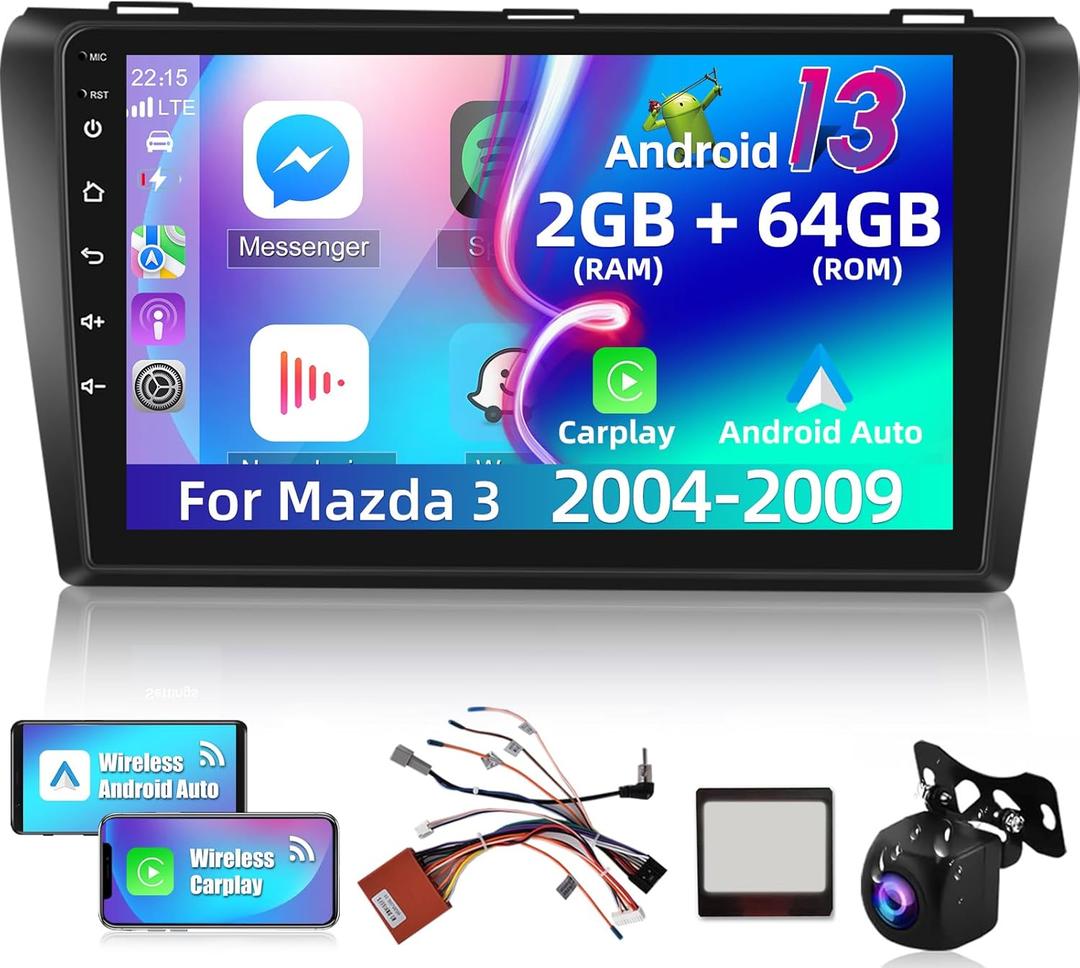 [2+64GB] Android 13 Car Radio Stereo for Mazda 3 2004-2009 - 9 inch HD Touch Screen EQ Audio - Wireless Carplay & Android Auto, WiFi, GPS, BT, Mirror Link, FM, SWC + AHD Backup Camera + Canbus +Mic