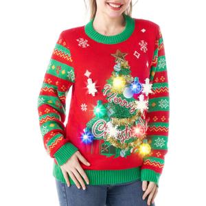 Women Christmas Tree Ugly Sweater with Light Bulbs (Small)