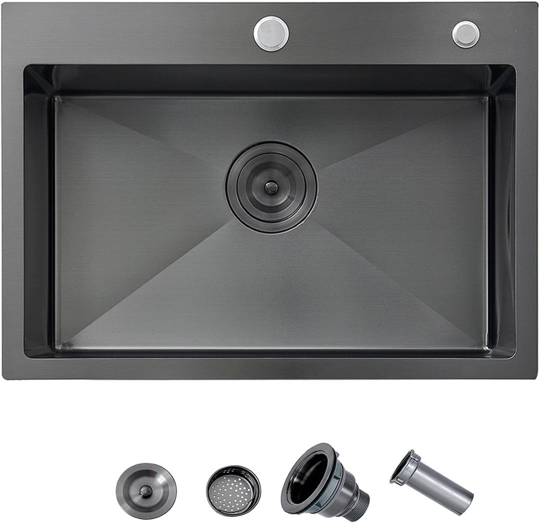 24x18 Gunmetal Black Small Kitchen Sink, Drop In 16 Gauge Stainless Steel Single Bowl Sinks, Topmount Wet Bar RV Prep Utility Sink with Drain