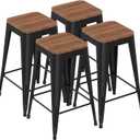 Barstools Set of 4 Black Metal Bar Stools Industrial Modern Bar Chairs with Wood Top for Kitchen Island Counter Height Cafe Resturant Stools, 26 inch (26 inch Counter Height, Black Without Back)
