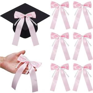 Suncalla 6 Pcs Pink Graduation Cap Bow Pearl Bow Decor Class of 2026 Decorations 5.1 x 7.5 Inch 2026 Graduation Ceremony Accessories for Party Decoration(Pink)