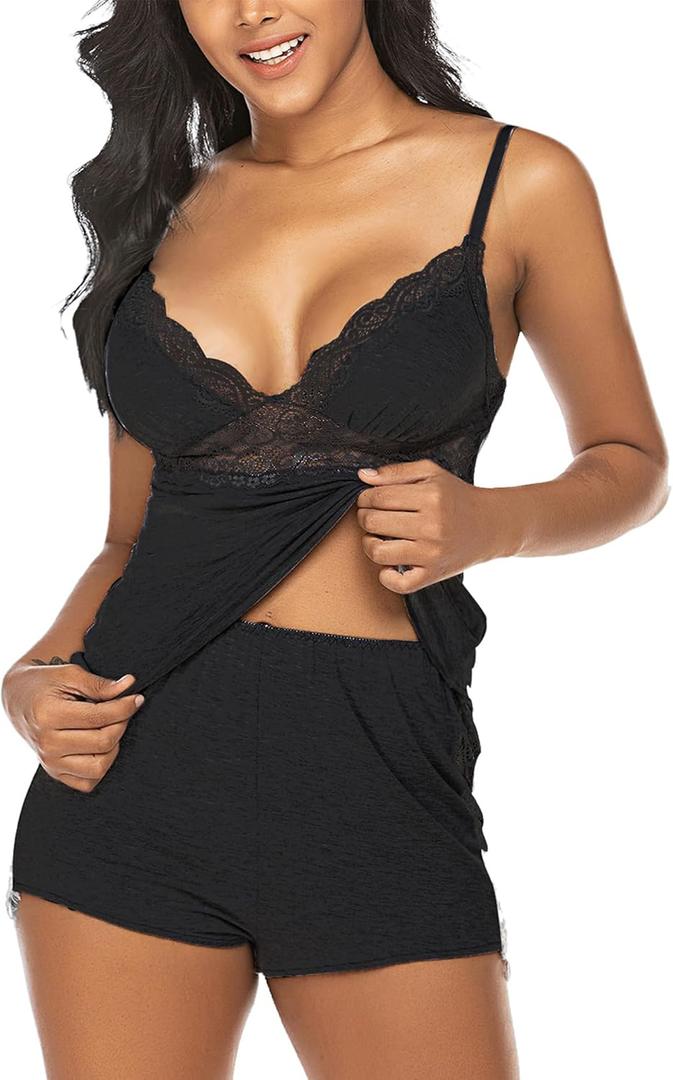 Avidlove Womens Sleepwear Lace Pajamas Cami PJS Set Pajama Set for Women (Large, 1-black)