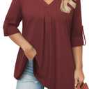 3/4 Length Sleeve Womens Tops Plus Size Going Out Pleated V Neck T Shirts (Red)