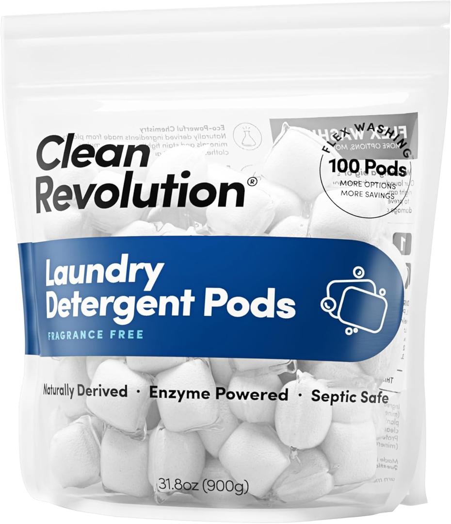 Clean Revolution Natural Laundry Detergent Pods, Fragrance Free, 100 Pods, Enzyme Powered Laundry Soap, Septic Safe, Made in the USA