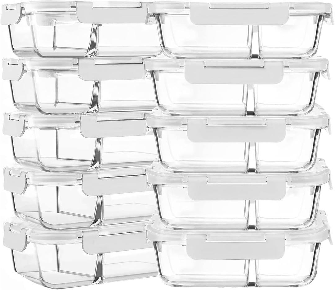 M MCIRCO 10-Pack,30 Oz Glass Meal Prep Containers 2 Compartments Airtight Lunch Bento Boxes with Lids, Glass Food Storage Containers, Microwave, Oven, Freezer and Dishwasher, White