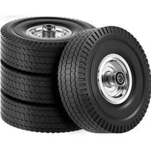 4.10/3.50-4 Tire & Wheel Flat Free, 4 Pack Heavy Duty Solid PU Non-inflated Tires with Double Sealed Bearings, 5/8 in Axle Bore Hole & 2.15 in Offset Hub for Dolly/Dump Cart/Wheelbarrow