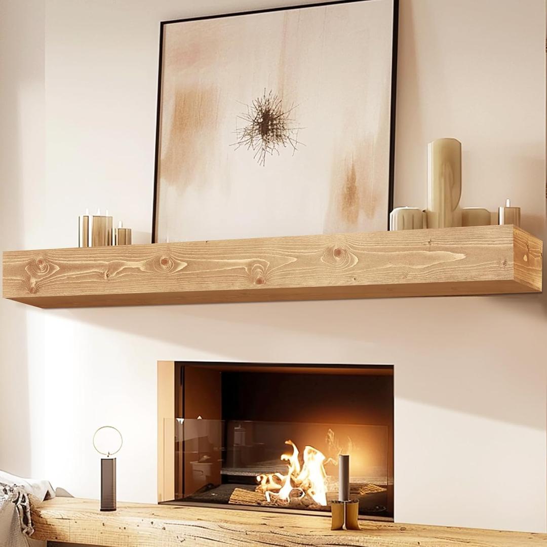 72" Fireplace Mantel, 5'' Thick Handmade Hollow Solid Wood Wall Long Floating Shelf with Invisible Wood Brackets, Wood Color