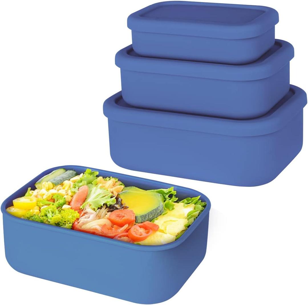 Silicone Food Storage Containers, Set of 3 Rectangular Bento Lunch Box Containers with Lids, Hard-Shell Silicone, Airtight, Microwave, Dishwasher and Freezer Safe (10oz, 23.6oz, 44oz)