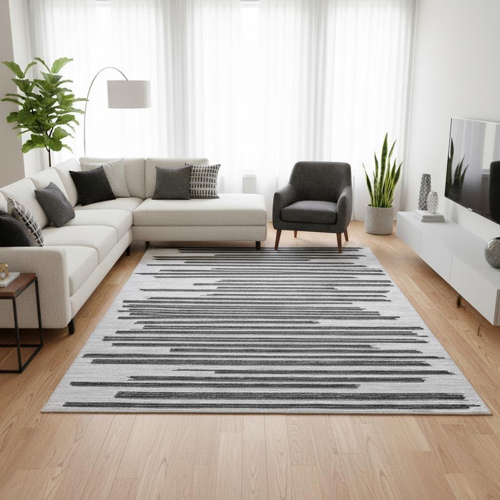 GarveeHome Beige Black 5x7 Washable Area Rug for Living Room: Modern Striped Washable Living Room Area Rug Striped Modern Non Slip Low Pile Carpet for Bedroom Soft Stain-Resistant Carpet.