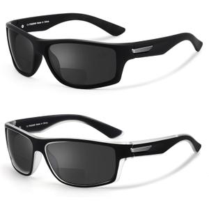 Missfive 2-Pack Mens Ultimate Bifocal Sunglasses with Readers Built In Sporty Upgraded Wrap Frame, UV400 Protection Driving & Reading Glasses for Outdoor +2.5 (Bifocal, Wrap-around: 1 Black+1 Black/Translucent Frame)