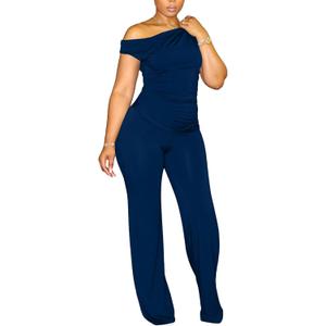 CXXQ 2 Piece Club Outfits for Women Clubwear Sexy Off Shoulder Ruched Crop Tops Bodycon Wide Leg Pant Sets Pantsuits, Large