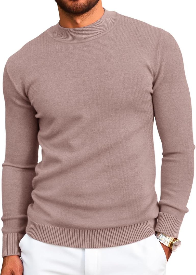 Runcati Mens Mock Turtleneck Pullover Slim Fit Casual Basic Thermal Knit Sweater Lightweight Long Sleeve Pullover Tee (Large, Camel)