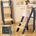 Foldable Toddler Tower, Wooden Toddler Kitchen Stool with 3 Adjustable Heights and Removable White/Blackboard, Montessori Foldable Learning Tower Kitchen Stool, Natural Wood
