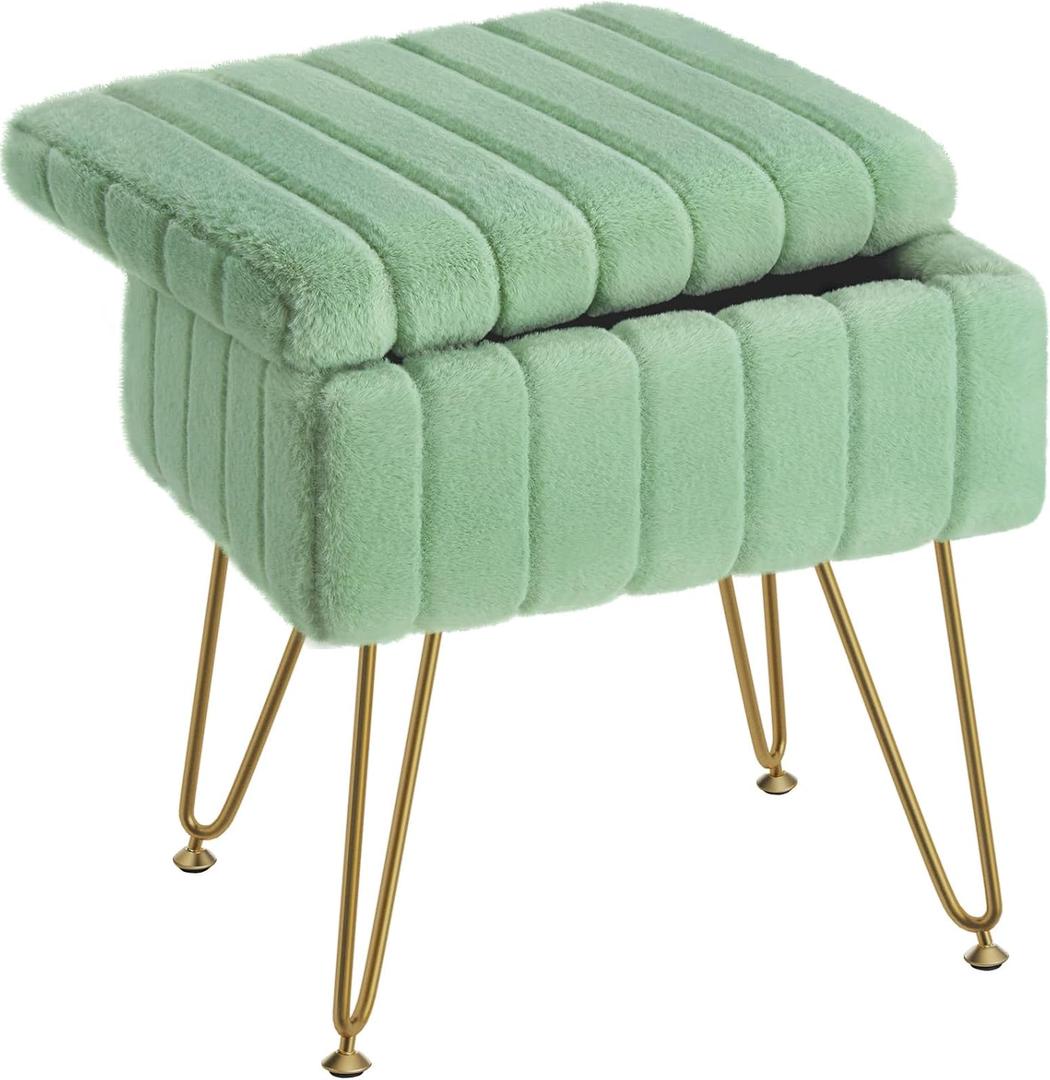 Greenstell Vanity Stool Chair Faux Fur with Storage, 15.7"L x 11.8"W x 19.4"H Soft Ottoman 4 Metal Legs with Anti-Slip Feet, Furry Padded Seat, Modern Multifunctional Chairs for Makeup, Bedroom,Green