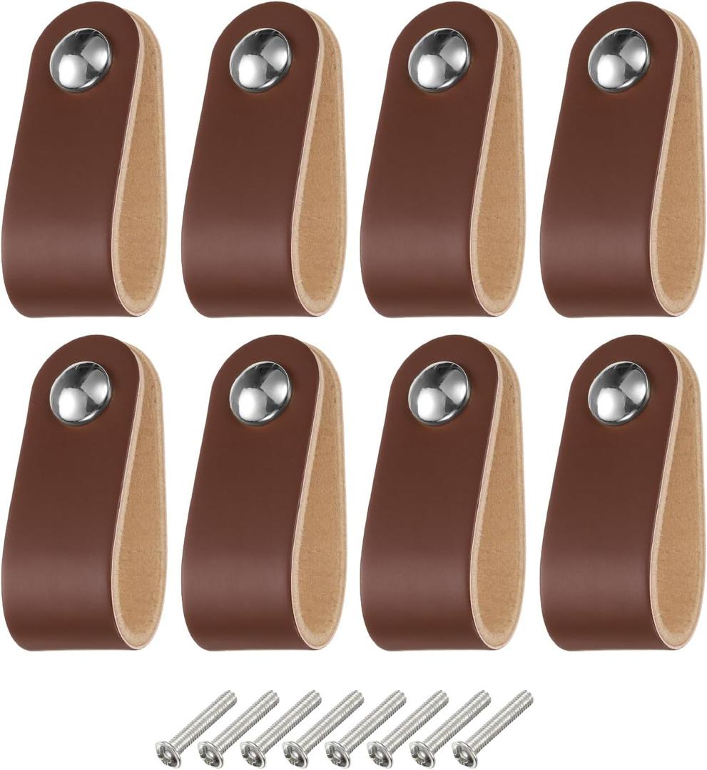 uxcell 8 Packs Leather Drawer Pulls, Single Hole Leather Drawer Knobs Furniture Dresser Handles Pulls with Screws for Dressers Drawers Closet Kitchen Cupboard, Brown/Silver
