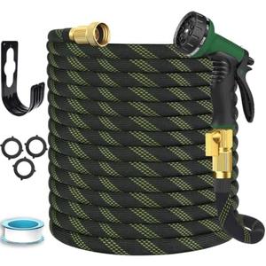 Garden Hose 50 ft, Non-Expandable Flexible Water Hose with 10 Function Spray Nozzle, Lightweight, Leak Proof, Kink-Free, Portable Hose for Outdoor, Yard, Lawn, High-Density Fabric, Black Green
