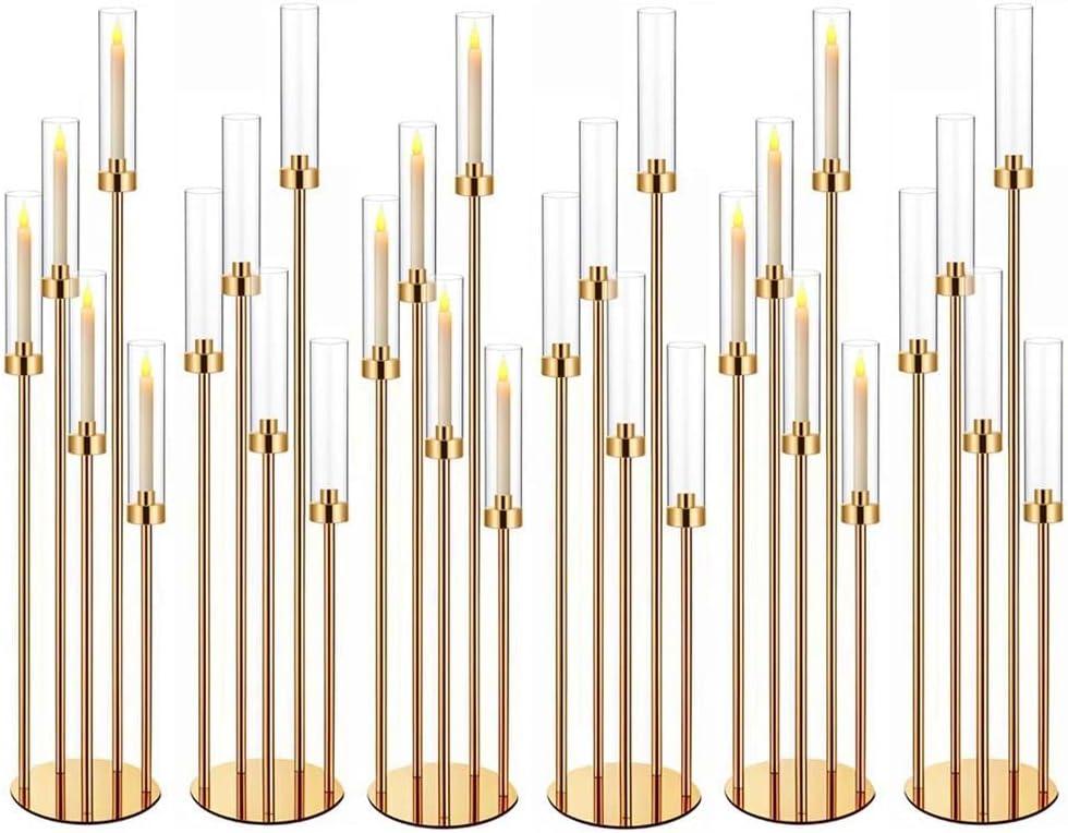 42.5in Gold Candelabra Centerpieces for Tables Candlestick Holders Decor Wedding Centerpiece Table Decorations 5 arm Candle Holder Set of 6 Acrylic lampshade Fit 0.9" LED Candle
